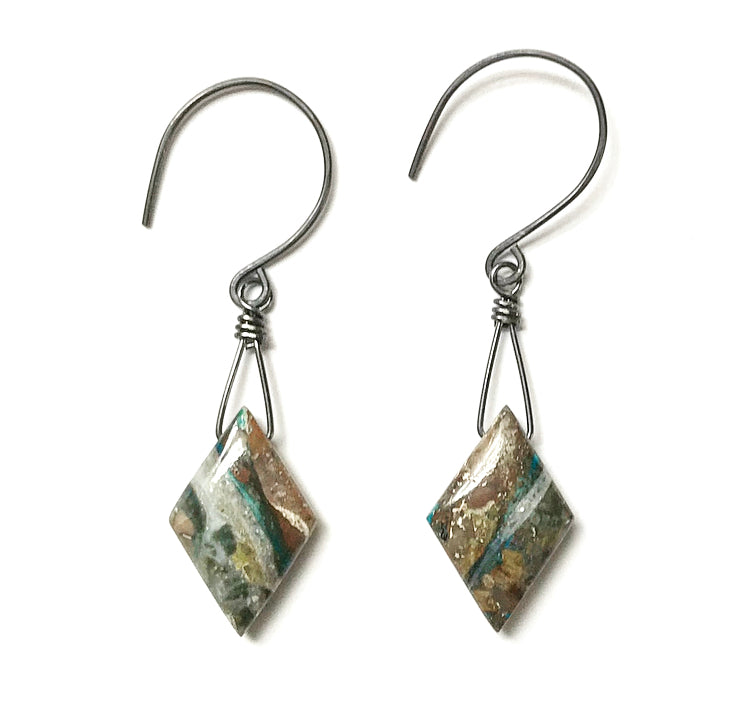 Petrified Opal Diamond Drops Earrings